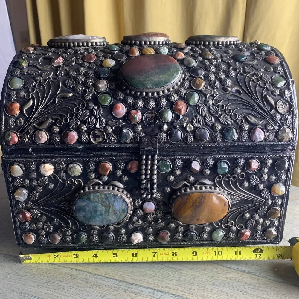 Vintage Moroccan Indian Wedding Jewelry Chest Box Dome Top Mixed Stones